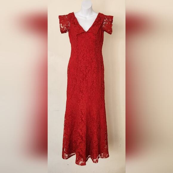 DAVID MEISTER Red Lace Formal Evening Gown Maxi Dress Size 4 - Picture 2 of 14